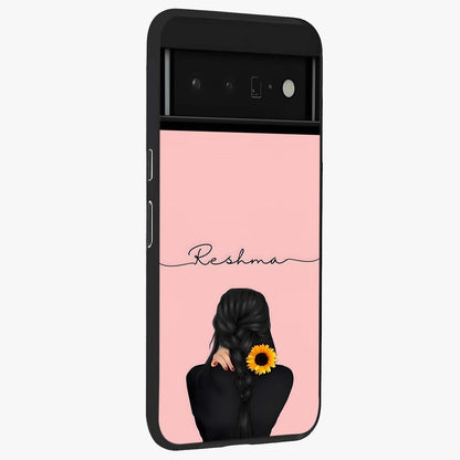 Sunflower Braid Beauty With Custom Name Glass Case upright view showcasing bright sunflower artwork with personalized floral aesthetic.