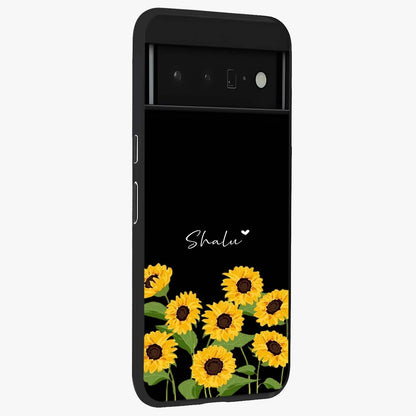 Sunflower Chic Mood Custom Name Glass Case upright view showcasing cheerful sunflower artwork with trendy floral theme.