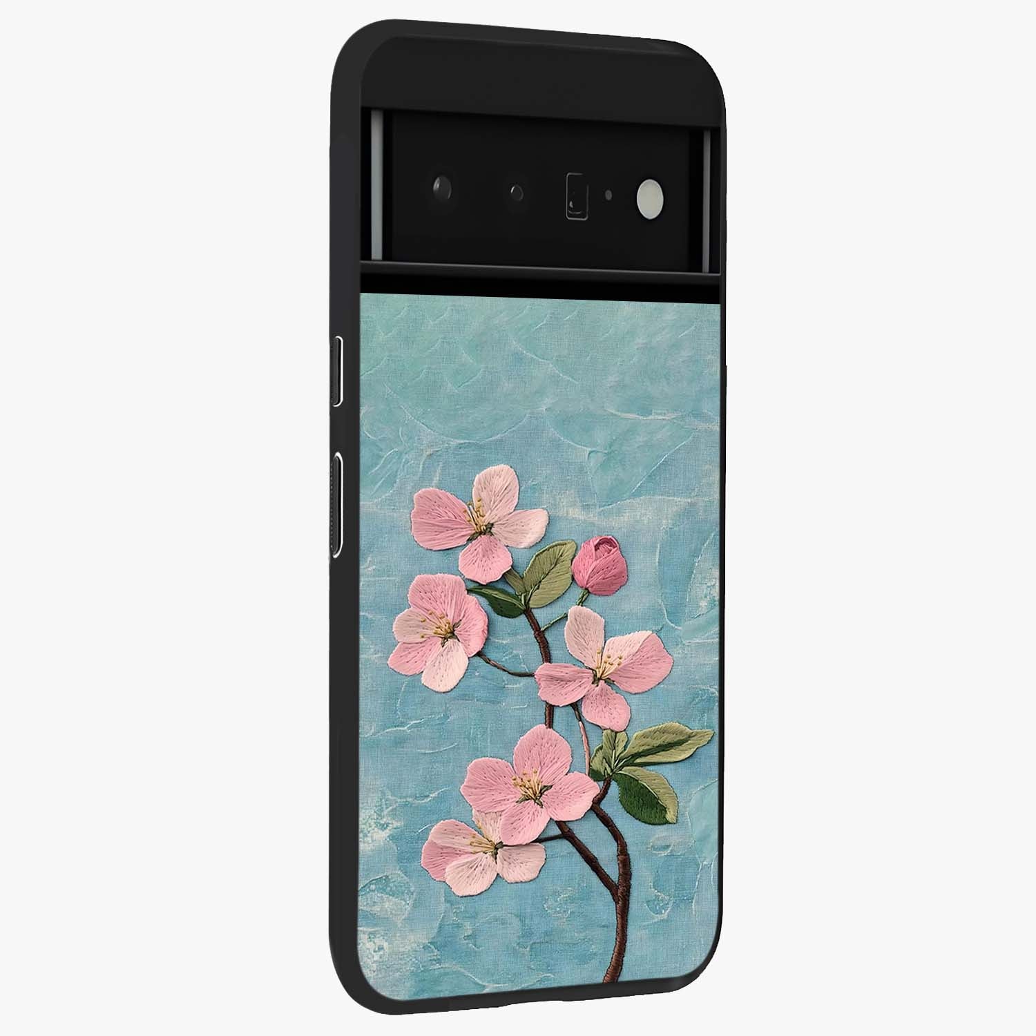 Threaded Blossom Breeze Glass Case upright view showcasing graceful flower artwork with calm botanical theme.