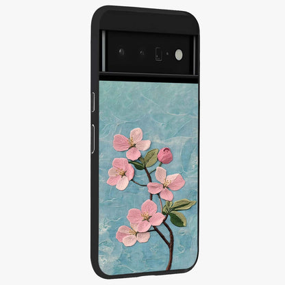 Threaded Blossom Breeze Glass Case upright view showcasing graceful flower artwork with calm botanical theme.