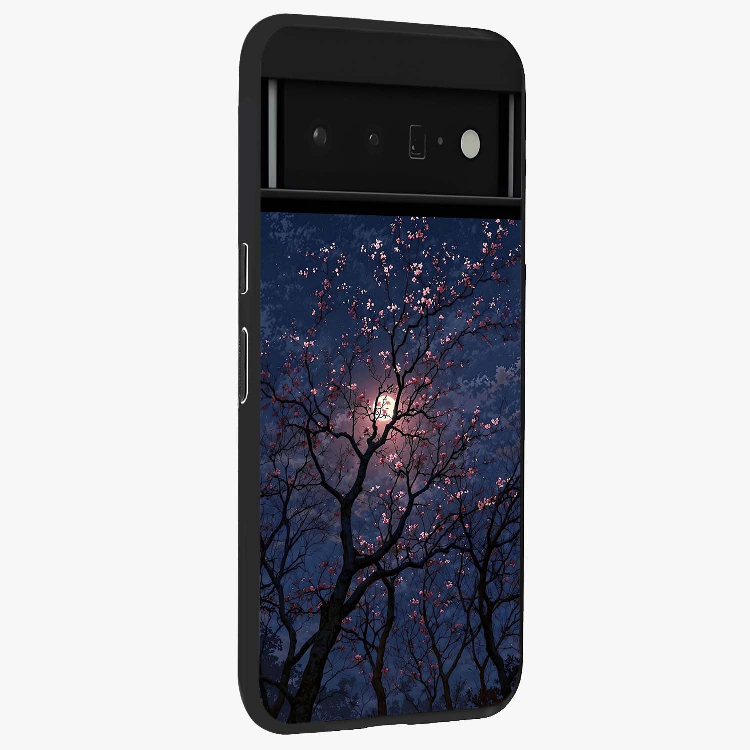 Twilight Sakura Serenade Glass Case upright view showcasing beautiful cherry blossom artwork with serene evening theme.