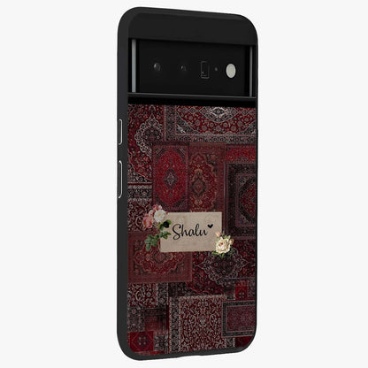 Velvet Wine Pattern Custom Name Glass Case upright view showcasing luxurious wine toned artwork with personalized aesthetic.