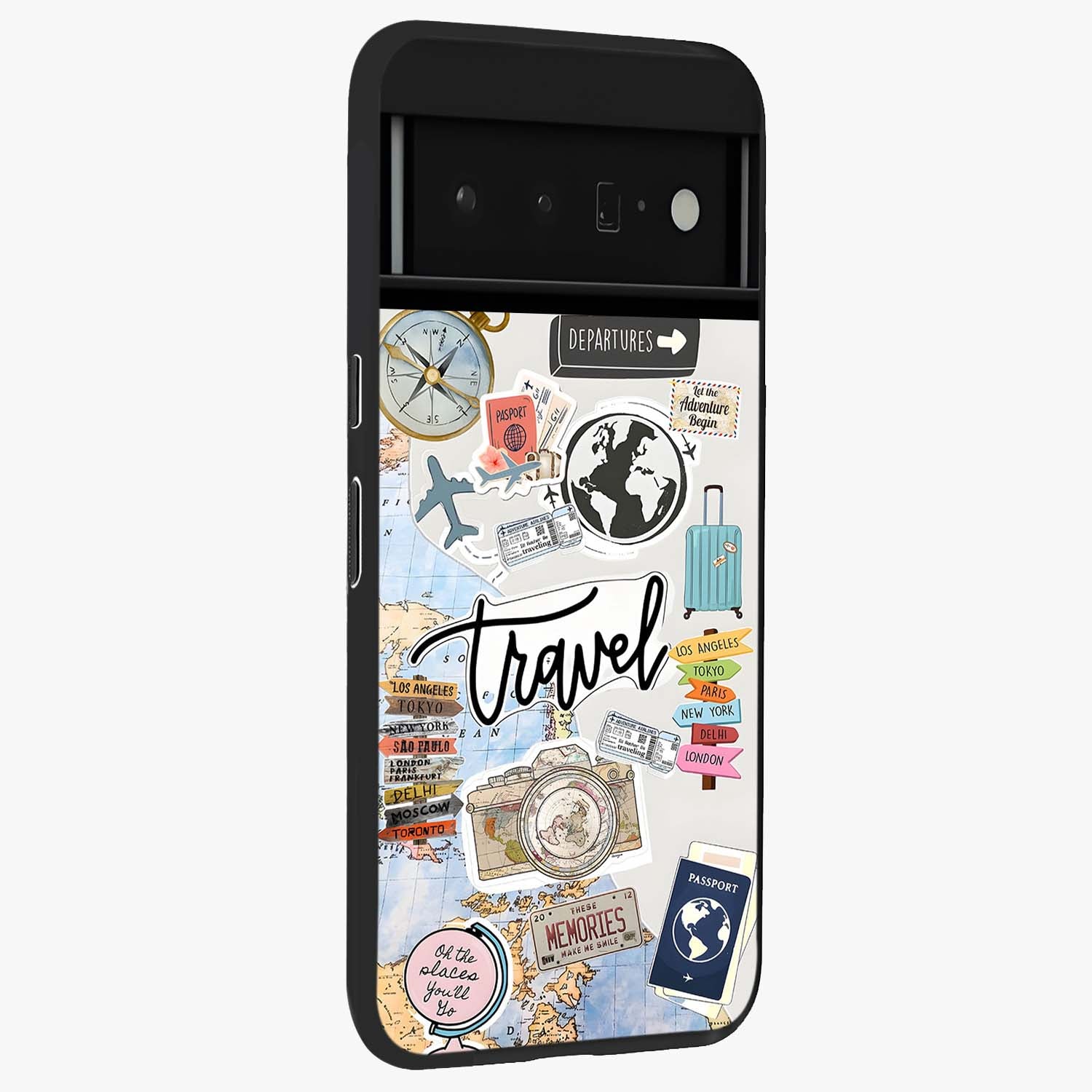 Wanderlust Journal Glass Case upright view showcasing wanderlust inspired artwork with creative exploration theme.