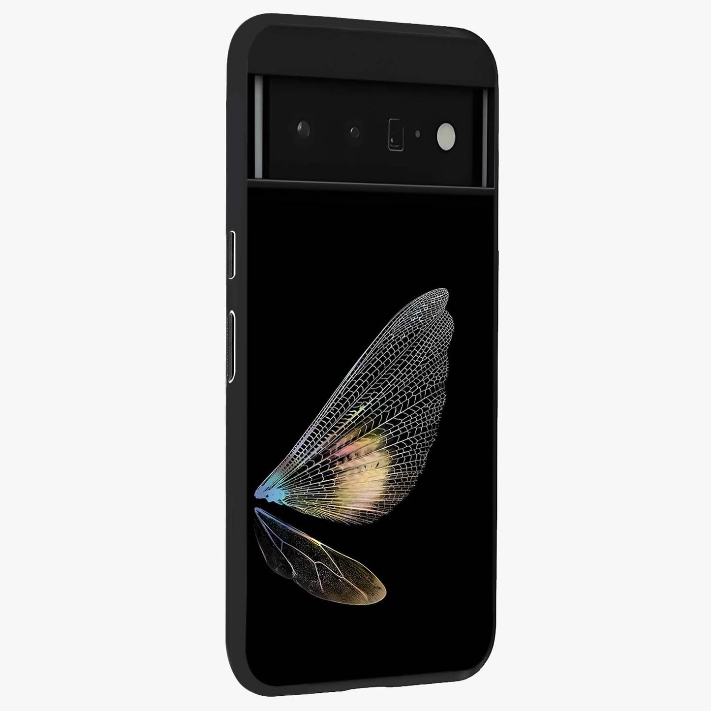 Whispers Of Wings Glass Case upright view showcasing elegant wing artwork with light airy theme.