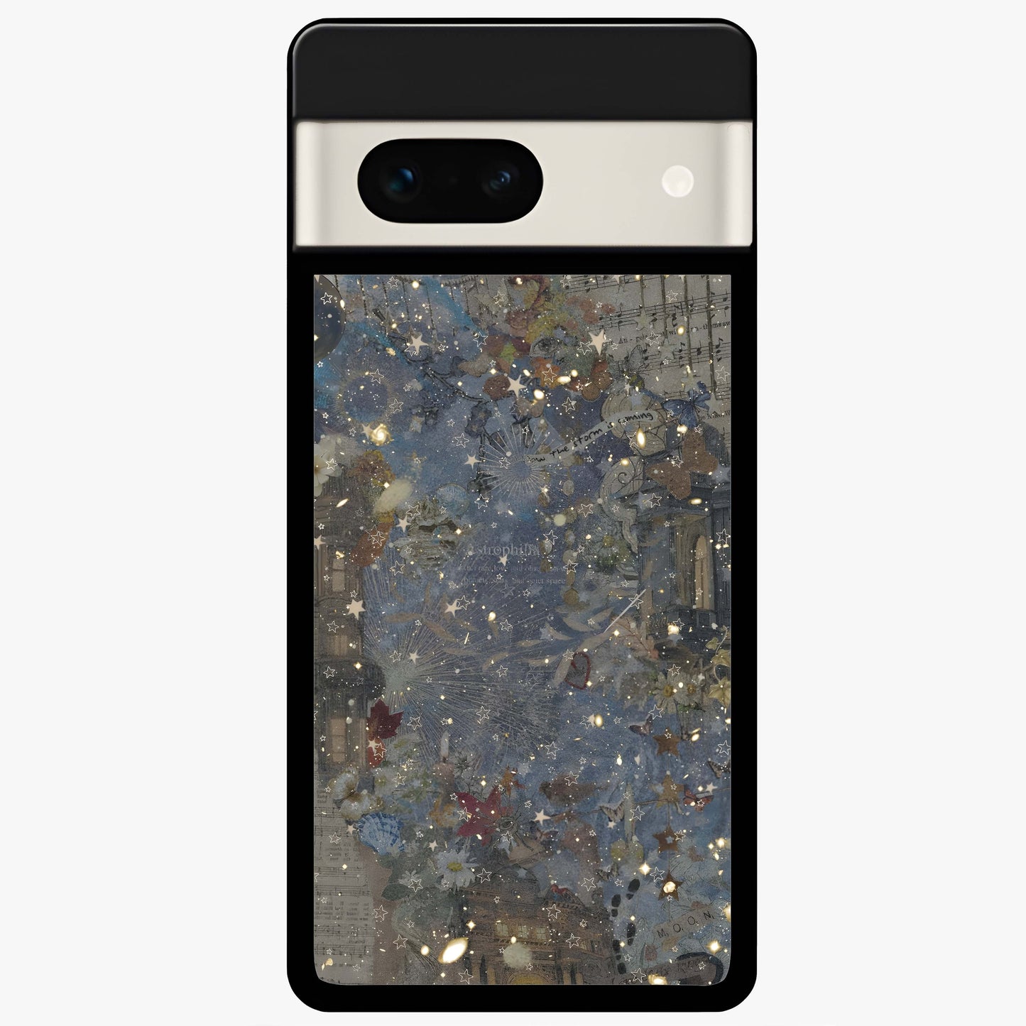 Aesthetic Astrolophia Glass Case showing flat back view with dreamy aesthetic design and glossy glass finish.
