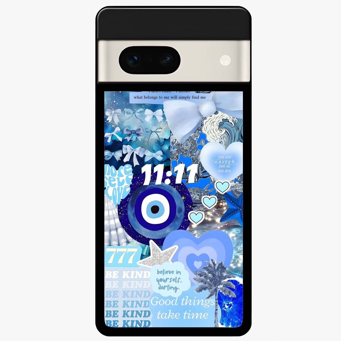 Aesthetic Be Kind Eye Glass Case showing flat back view with motivational eye artwork and glossy glass finish.