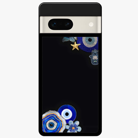 Aesthetic Blue Evil Eye Glass Case showing flat back view with protective evil eye artwork and glossy glass finish.
