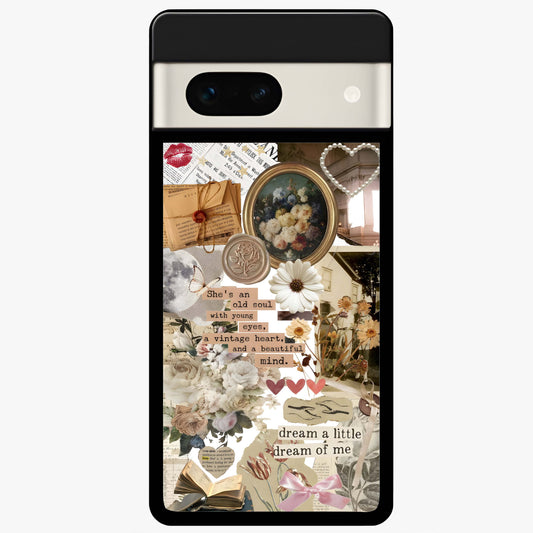 Aesthetic Brown Vintage Collage Glass Case showing flat back view with retro collage artwork and glossy glass finish.