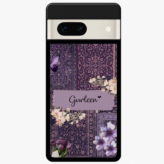Antique Floral Whisper Custom Name Glass Case showing flat back view with vintage floral artwork and personalized name design.