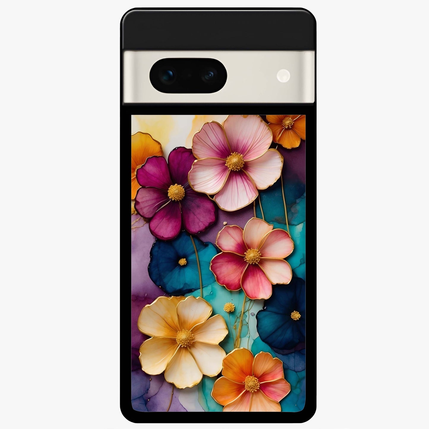 Artlyn Grace Flower Pattern Glass Case showing flat back view with elegant floral pattern artwork and glossy glass finish.