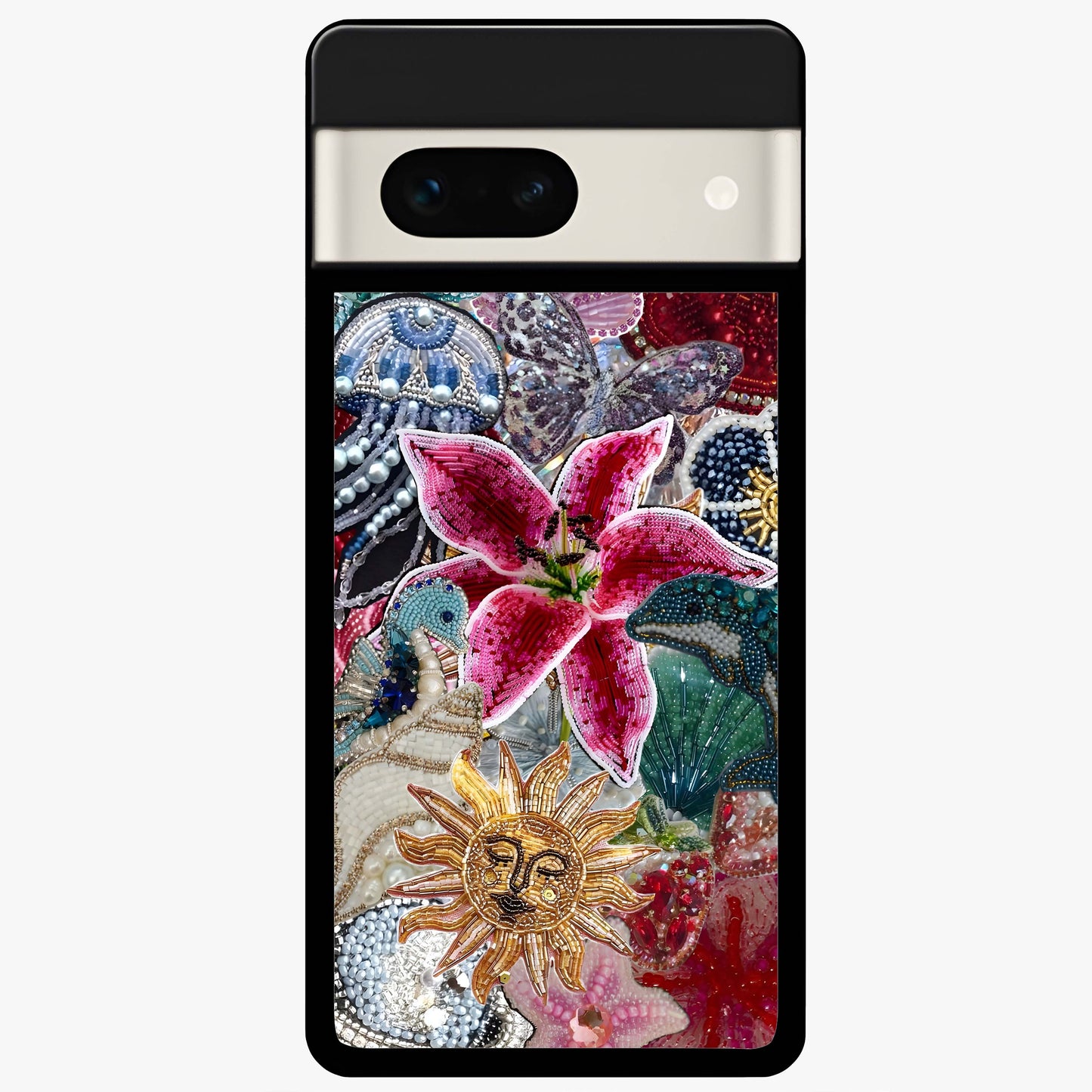 Beaded Garden Fantasy Glass Case showing flat back view with dreamy garden bead artwork and glossy glass finish.