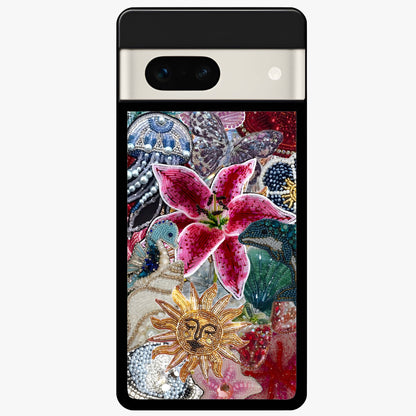 Beaded Garden Fantasy Glass Case showing flat back view with dreamy garden bead artwork and glossy glass finish.