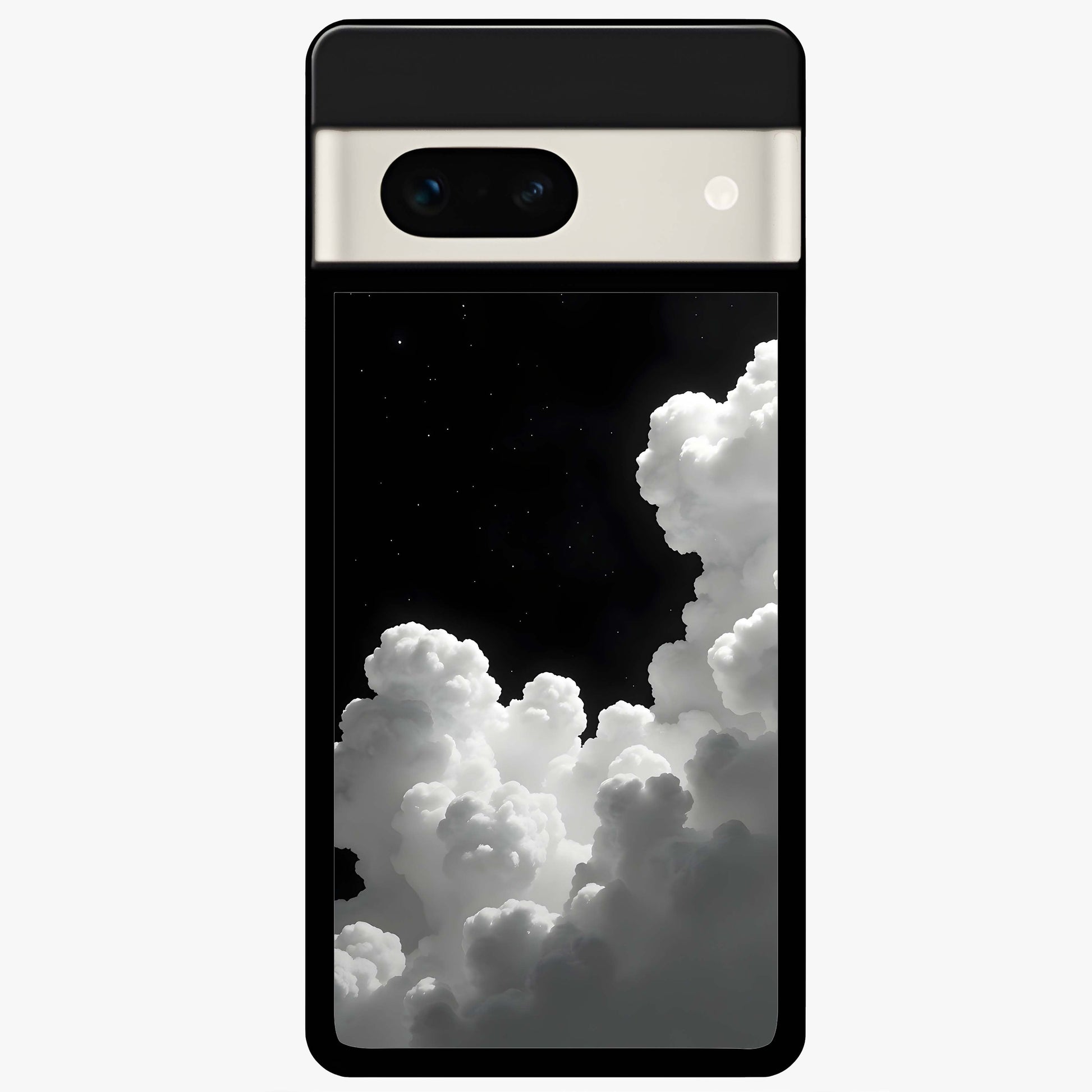 Black Background With White Cloud Glass Case showing flat back view with minimal cloud artwork on dark background and glossy glass finish.