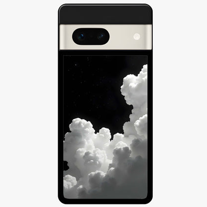 Black Background With White Cloud Glass Case showing flat back view with minimal cloud artwork on dark background and glossy glass finish.