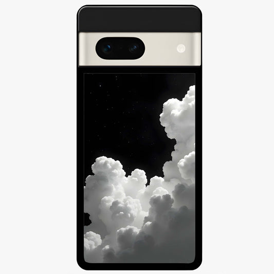 Black Background With White Cloud Glass Case showing flat back view with minimal cloud artwork on dark background and glossy glass finish.