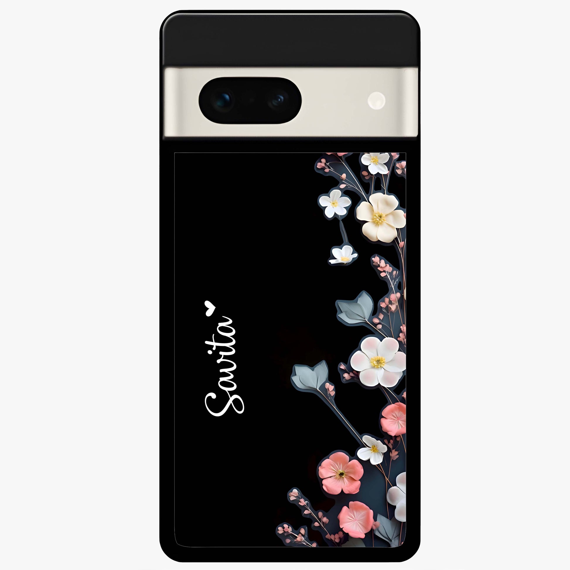 Black Elegance Floral Custom Name Glass Case showing flat back view with elegant floral artwork and personalized name design.