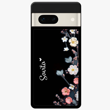 Black Elegance Floral Custom Name Glass Case showing flat back view with elegant floral artwork and personalized name design.