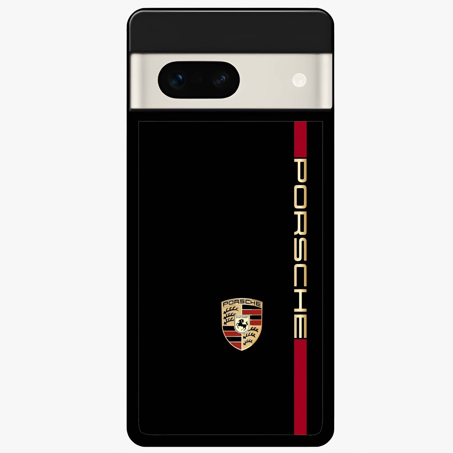 Black Minimal Porsche Glass Case showing flat back view with sleek minimal sports car artwork and glossy glass finish.