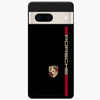 Black Minimal Porsche Glass Case showing flat back view with sleek minimal sports car artwork and glossy glass finish.