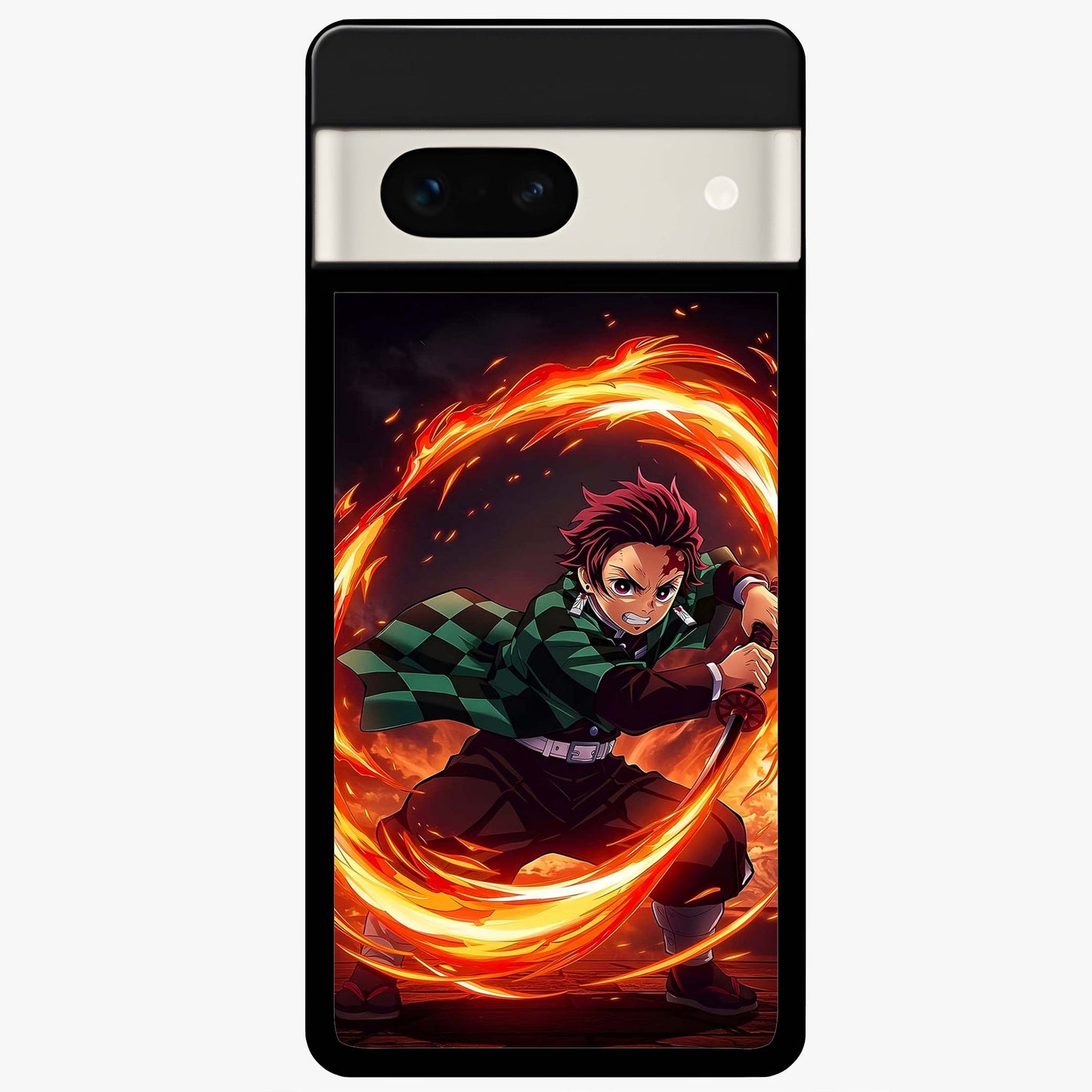 Blazing Sword Resolve Glass Case showing flat back view with fiery sword artwork and glossy glass finish.