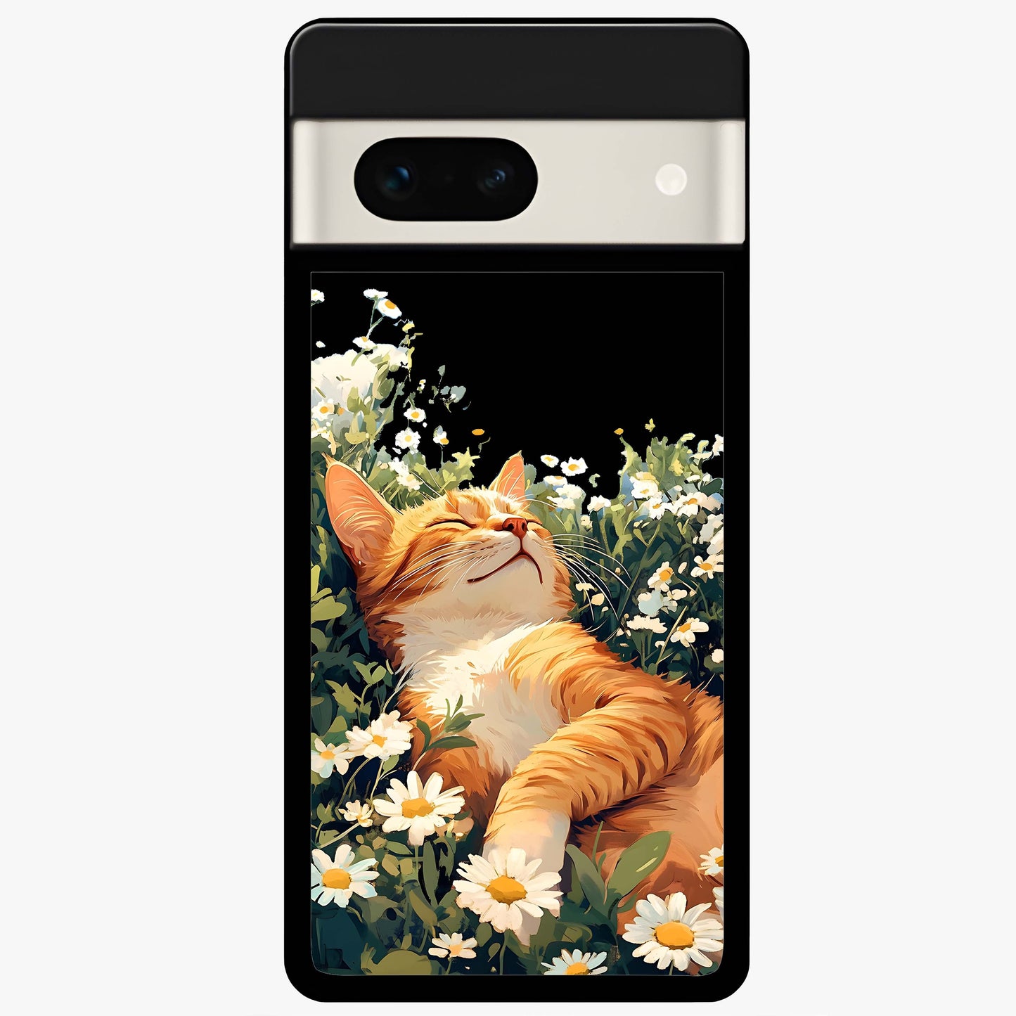 Blissful Bloom Cat Glass Case showing flat back view with cute cat and floral bloom artwork and glossy glass finish.