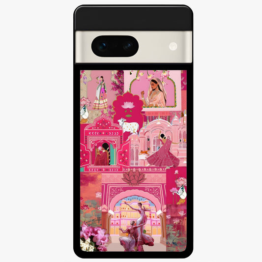 Blossoms of Rajasthan Glass Case showing flat back view with traditional floral artwork inspired by Rajasthan and glossy glass finish.