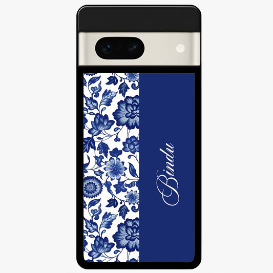 Blue Vintage Floral Pattern Glass Case upright view showcasing timeless floral illustration with vintage inspired style.