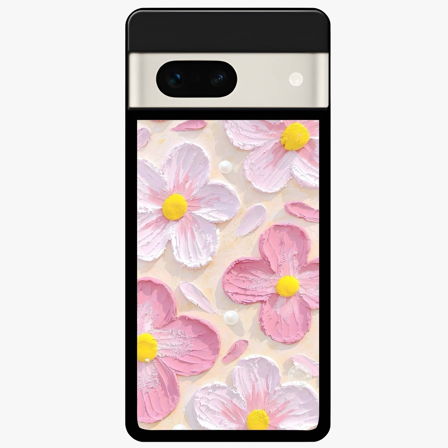Blush Bloom Texture Glass Case showing flat back view with soft blush floral texture artwork and glossy glass finish.