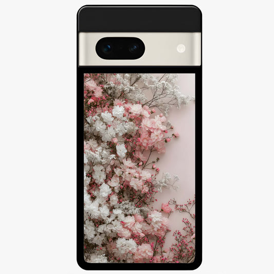 Blush Blossom Cloud Glass Case showing flat back view with dreamy blush cloud blossom artwork and glossy glass finish.