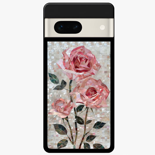 Blush Mosaic Bloom Glass Case showing flat back view with mosaic floral bloom artwork and glossy glass finish.