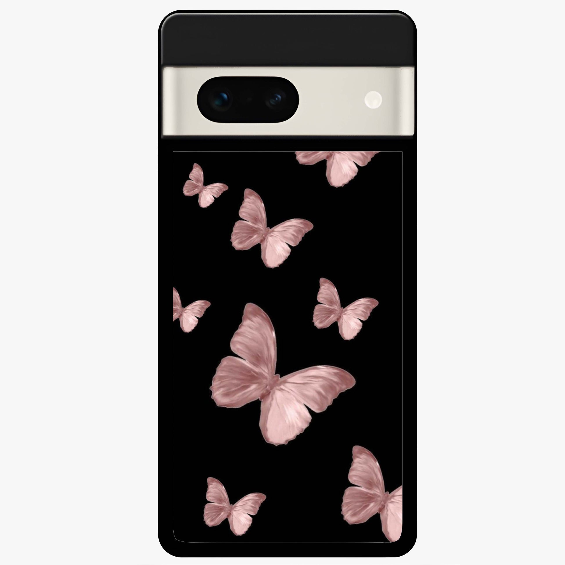 Butterfly Pattern Glass Case showing flat back view with elegant butterfly pattern artwork and glossy glass finish.