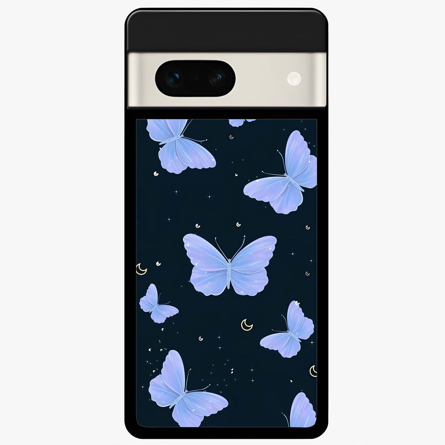 Butterfly With Stars Pattern Glass Case showing flat back view with butterfly and star pattern artwork and glossy glass finish.