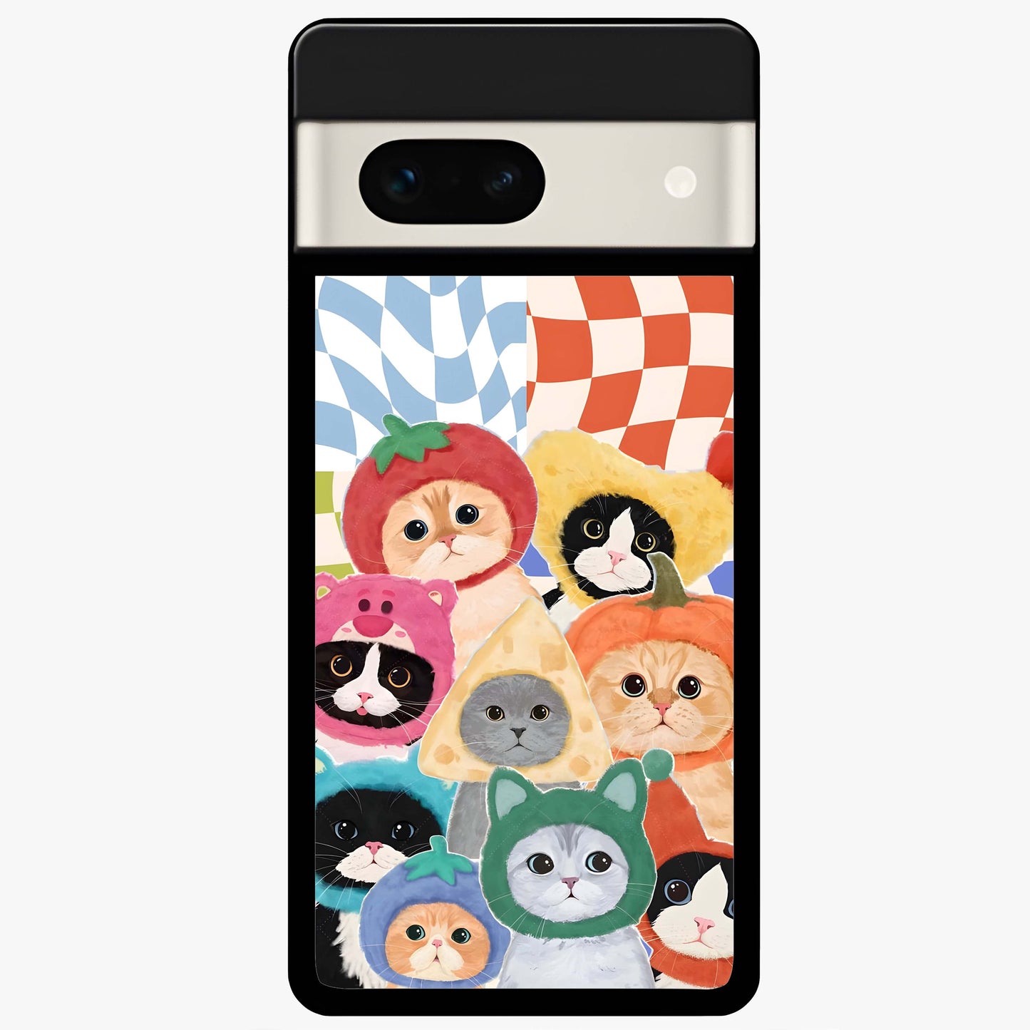 Cats in Fruits Glass Case showing flat back view with playful cat illustrations inside fruit artwork and glossy glass finish.