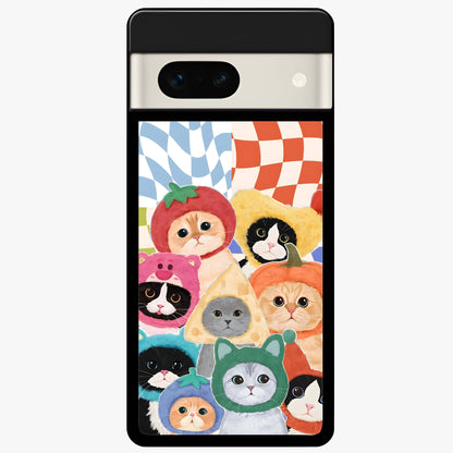 Cats in Fruits Glass Case showing flat back view with playful cat illustrations inside fruit artwork and glossy glass finish.