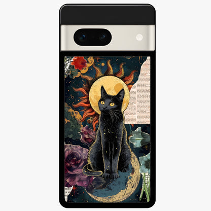 Celestial Black Cat Glass Case showing flat back view with mystical black cat artwork and glossy glass finish.