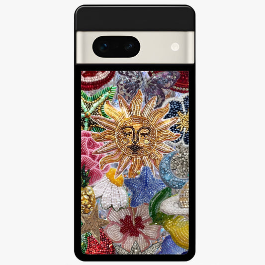 Celestial Floral and Playful Glass Case showing flat back view with floral and celestial themed artwork and glossy glass finish.