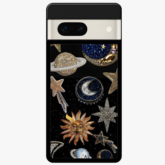 Celestial Gem Constellations Glass Case showing flat back view with sparkling constellation artwork and glossy glass finish.