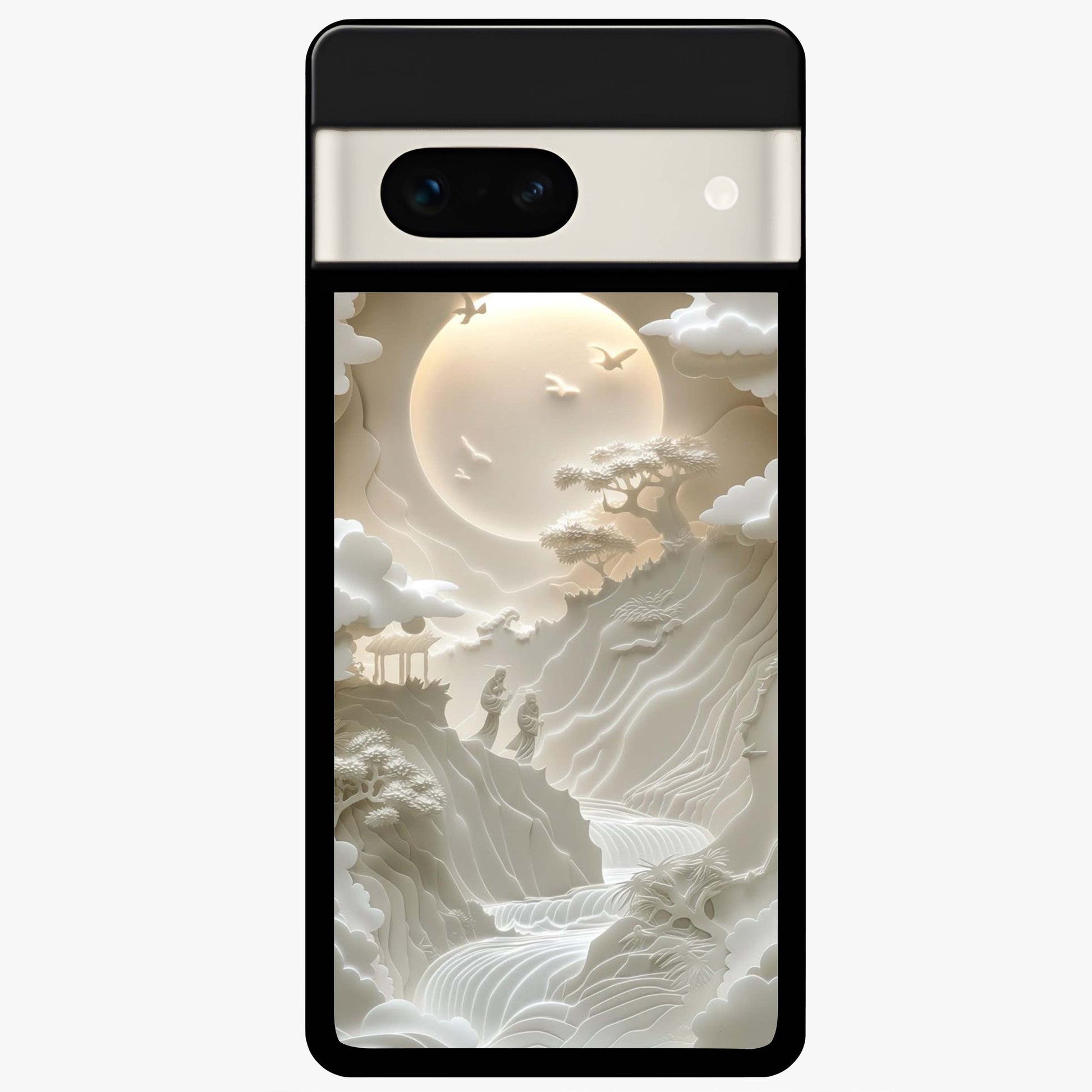 Celestial Origami Glass Case showing flat back view with artistic origami inspired celestial artwork and glossy glass finish.