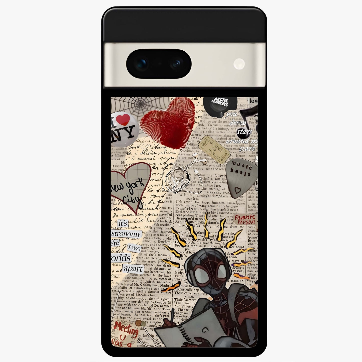 City Dream Sketch Glass Case showing flat back view with artistic city skyline sketch artwork and glossy glass finish.
