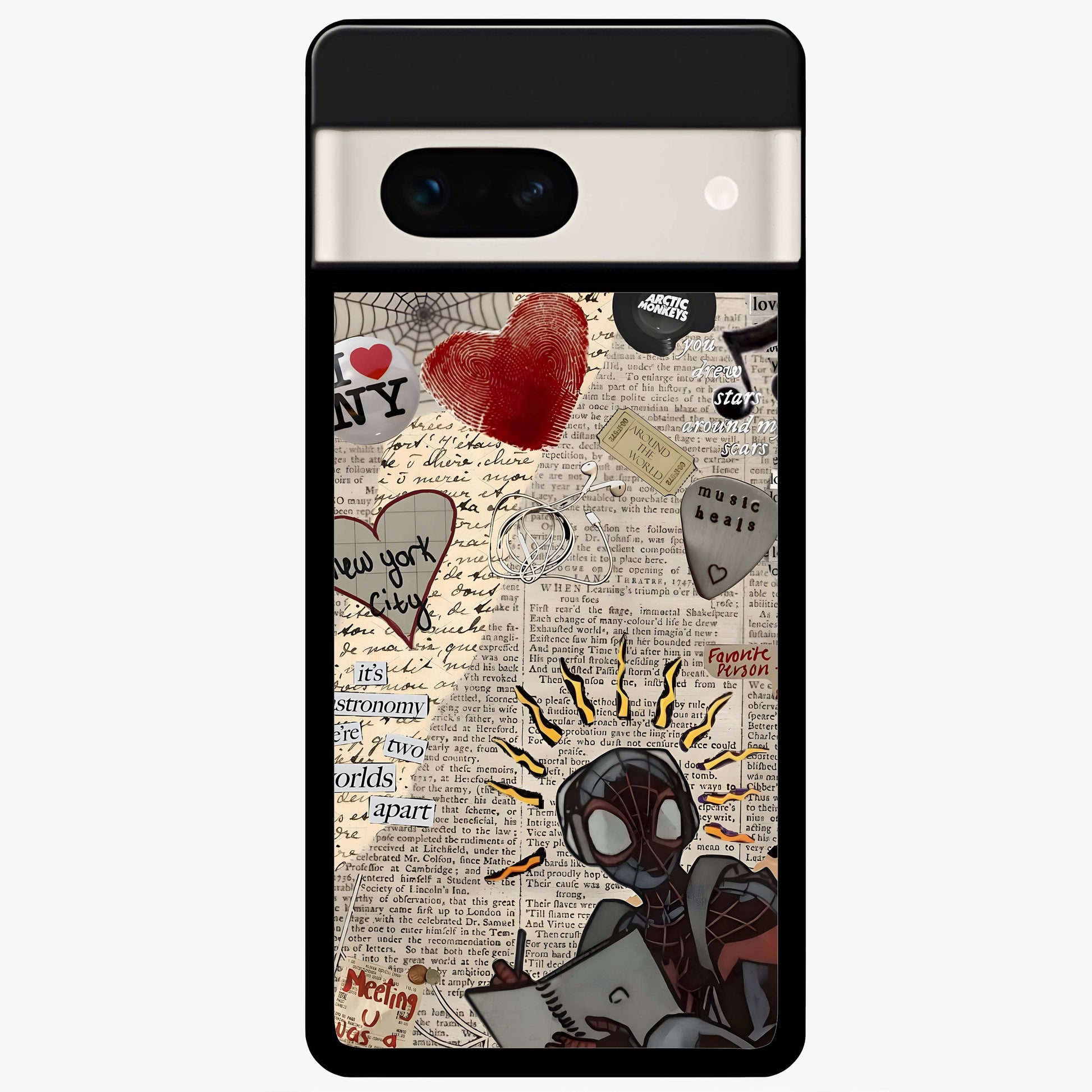City Dream Sketch Glass Case showing flat back view with artistic city skyline sketch artwork and glossy glass finish.