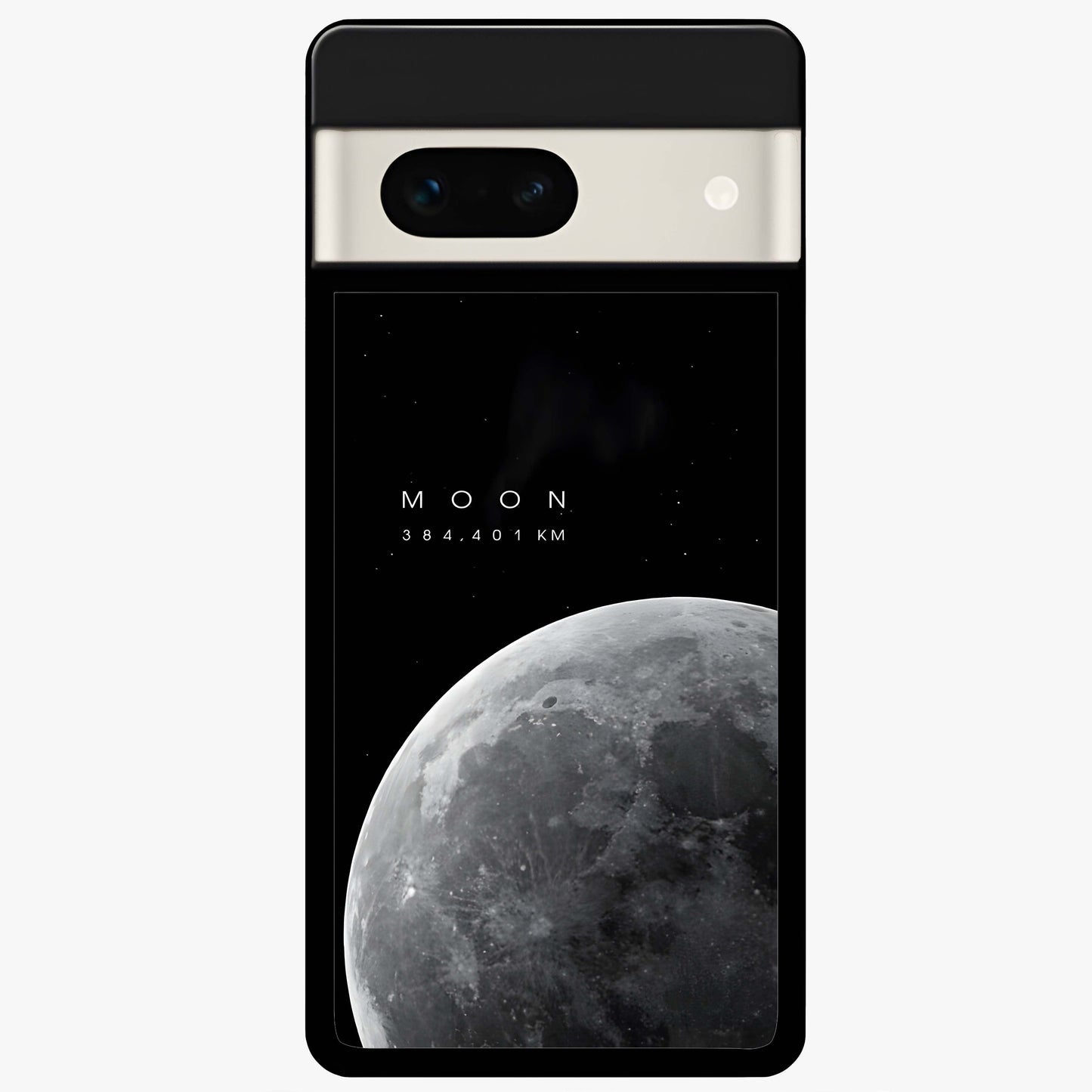 Cosmic Moon Glow Glass Case showing flat back view with glowing moon artwork and glossy glass finish.