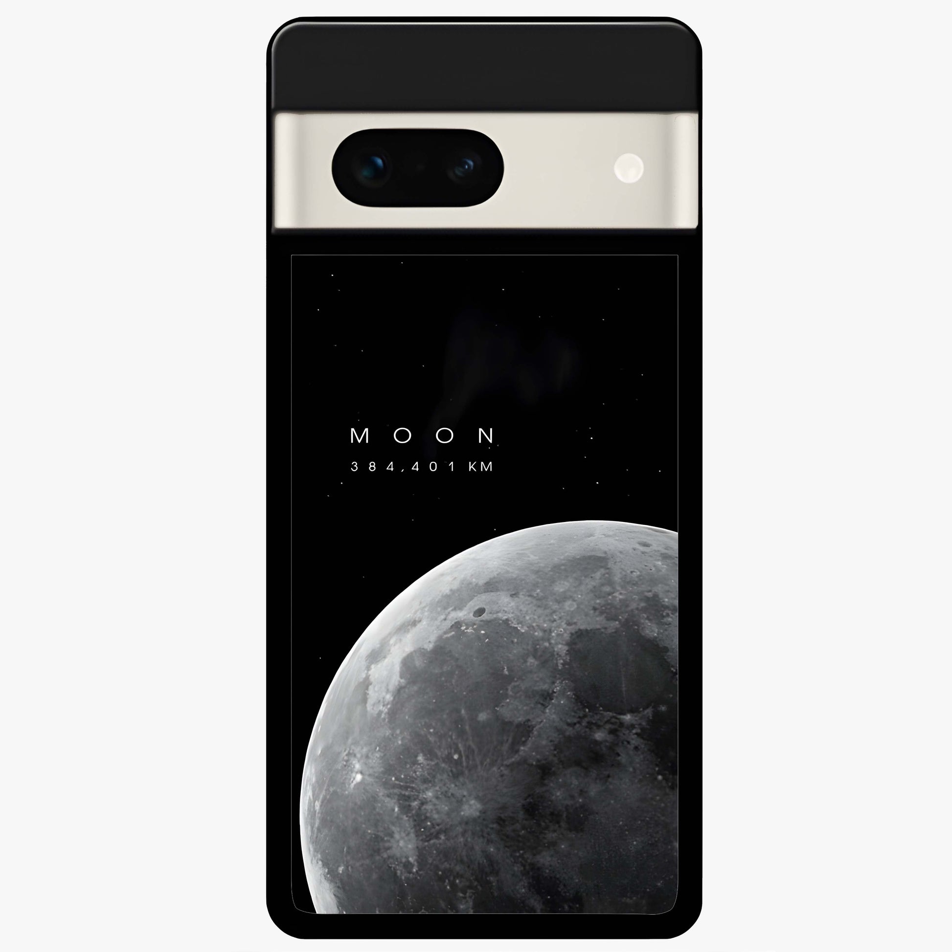 Cosmic Moon Glow Glass Case showing flat back view with glowing moon artwork and glossy glass finish.
