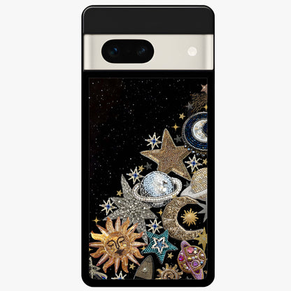 Cosmic Sparkle Dreams Glass Case showing flat back view with sparkling cosmic artwork and glossy glass finish.