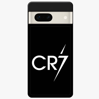 Cr7 Elite Strike Glass Case showing flat back view with dynamic football inspired artwork and glossy glass finish.