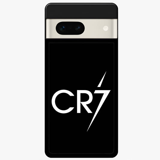 Cr7 Elite Strike Glass Case showing flat back view with dynamic football inspired artwork and glossy glass finish.