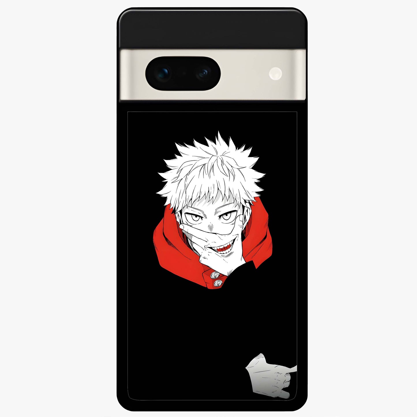 Crimson Chaos Smile Glass Case showing flat back view with bold chaotic smile artwork and glossy glass finish.