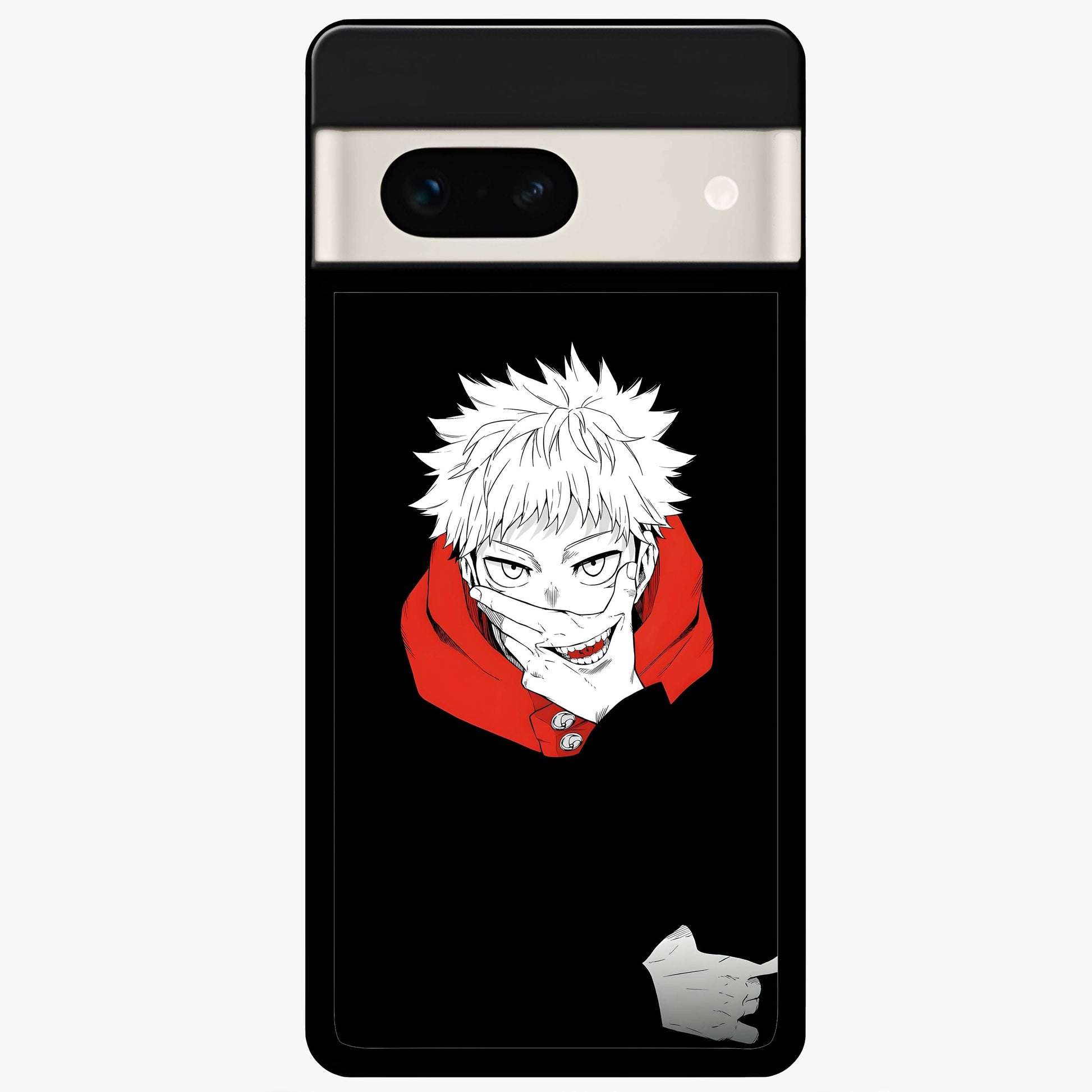 Crimson Chaos Smile Glass Case showing flat back view with bold chaotic smile artwork and glossy glass finish.