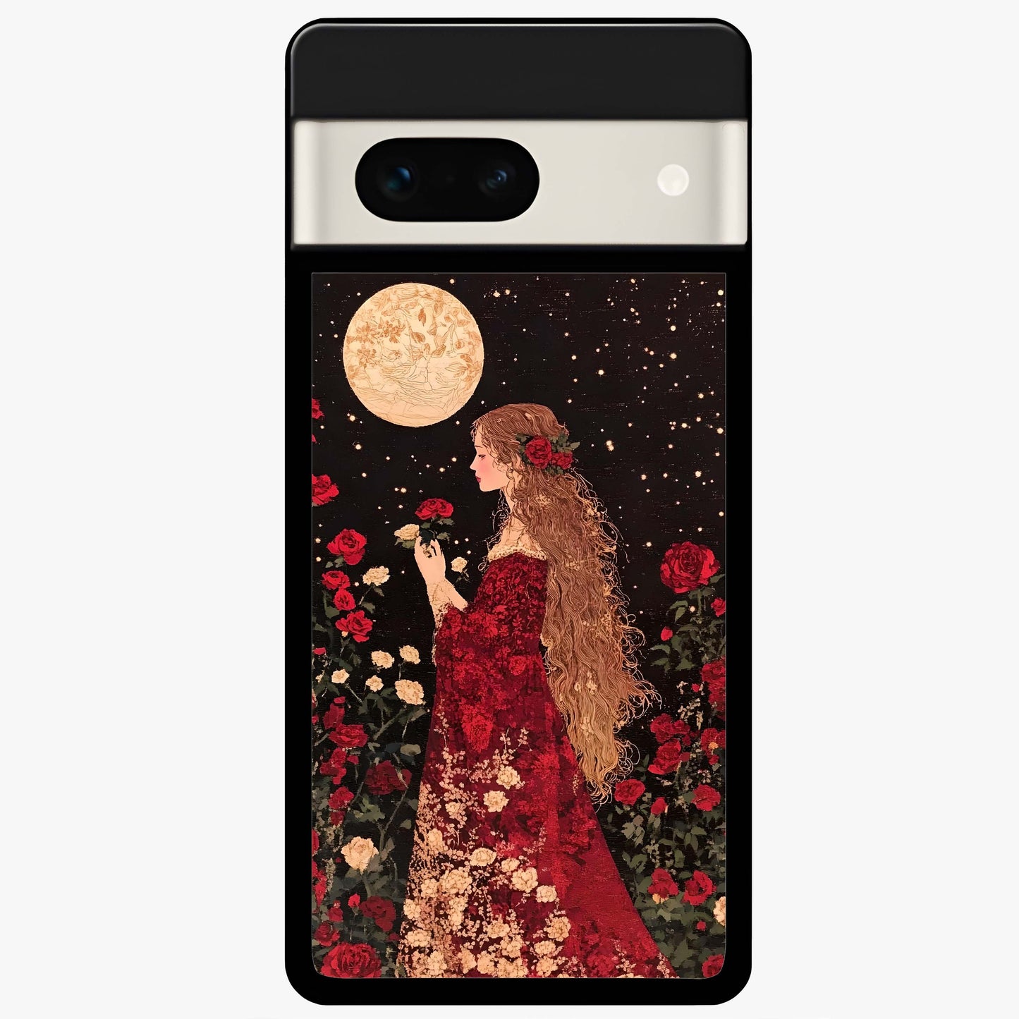 Crimson Dreams Glass Case showing flat back view with dreamy crimson artwork and glossy glass finish.