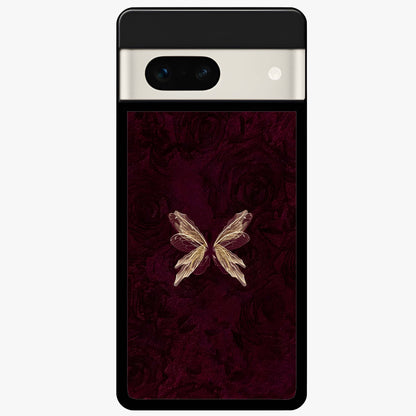 Crimson Fade Butterfly Glass Case showing flat back view with fading butterfly artwork and glossy glass finish.