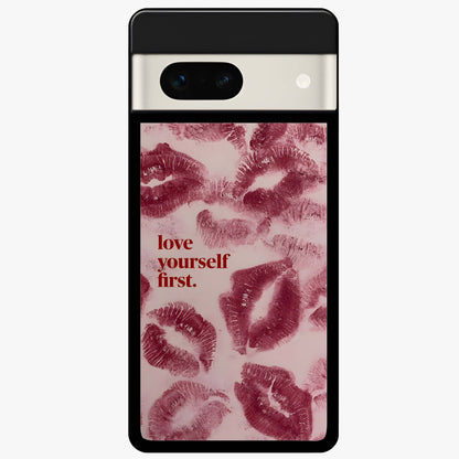 Crimson Kiss Love Glass Case showing flat back view with romantic crimson themed artwork and glossy glass finish.
